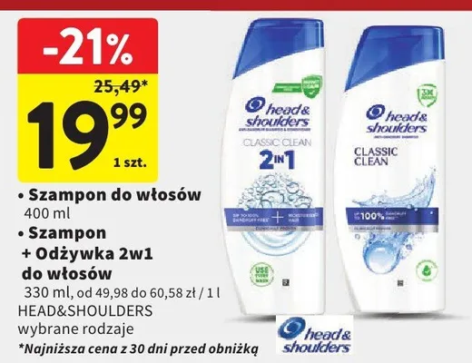 Szampon + odżywka 2w1 do włosów Head&Shoulders wybrane rodzaje 330ml promocja w Intermarche