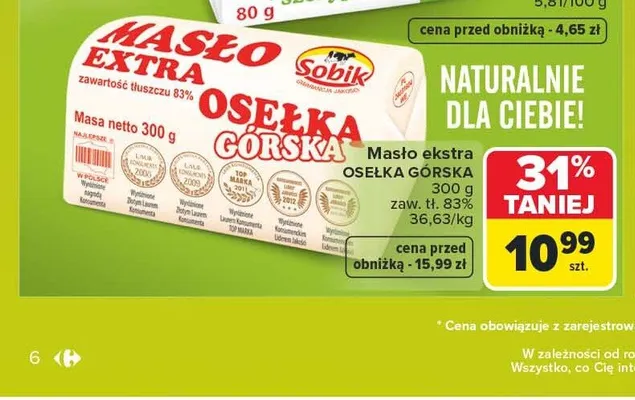 Masło ekstra Sobik Osełka Górska promocja w Carrefour Market