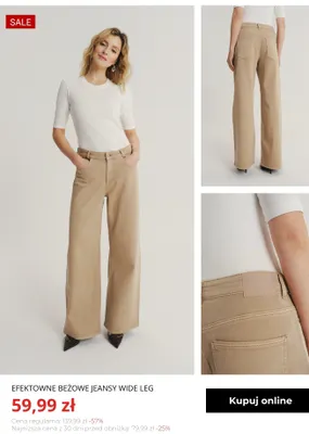 Efektowne beżowe jeansy wide leg Greenpoint promocja w Greenpoint