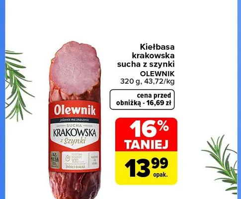 Kiełbasa krakowska sucha z szynki Olewnik promocja w Carrefour