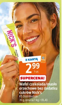 Wafel czekolada/masło orzechowe bez dodatku cukrów Nick's promocja w Leclerc