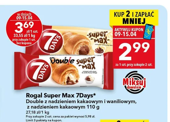 Rogal Super Max 7Days Double z nadzieniem kakaowym i waniliowym, z nadzieniem kakaowym promocja w LEWIATAN