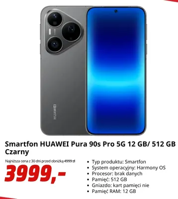 Smartfon Huawei Pura 90s Pro 5 g 12 GB/ 512 Gb czarny promocja w Media Markt