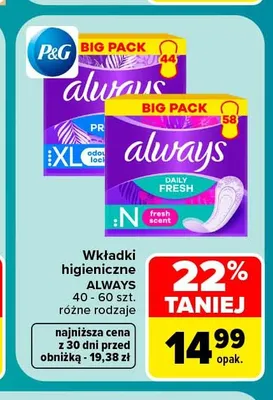 Wkładki higieniczne Always Daily Fresh Normal promocja w Carrefour