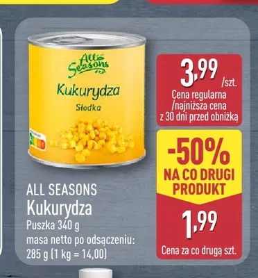 Kukurydza All Seasons promocja w Aldi