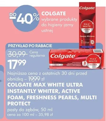 Pasty do zębów Colgate Max White Ultra Instantly Whiter, Active Foam, Freshness Pearls, Multi Protect promocja w Super-Pharm