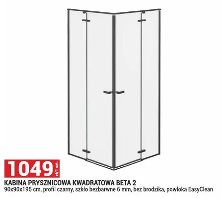 Kabina prysznicowa kwadratowa Beta 2 90x90x195cm profil czarny szkło bezbarwne 6mm bez brodzika powłoka EasyClean promocja w Merkury Market