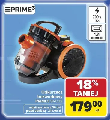 Odkurzacz bezworkowy PRIME3 SVC32 700W 1,8l promocja w Carrefour