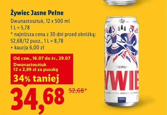 Piwo Żywiec Jasne Pełne 12-pak promocja w Lidl