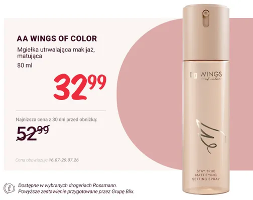 Mgiełka utrwalająca makijaż matująca AA Wings Of Color promocja w Rossmann