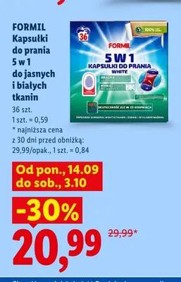 Kapsułki do prania Formil 5 w 1 do jasnych i białych tkanin promocja w Lidl