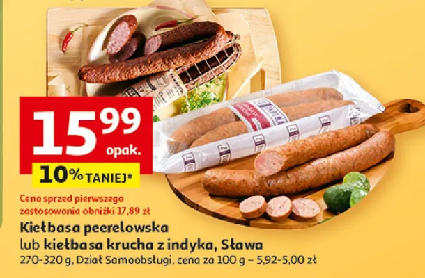 Kiełbasa pechowska lub kiełbasa krucha z indyka promocja w Auchan