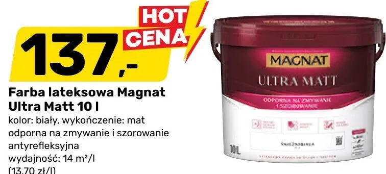 Farba lateksowa Magnat Ultra Matt 10l kolor biały wykończenie mat odporna na zmywanie i szorowanie antyrefleksyjna wydajność 14m²/l promocja w Bricomarche