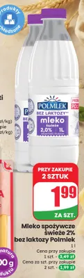 Mleko spożywcze świeże 2% bez laktozy Polmlek promocja w Dino