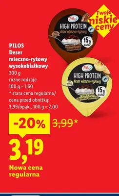 Deser mleczno-ryżowy wysokobiałkowy Pilos z sosem o smaku czekoladowym promocja w Lidl