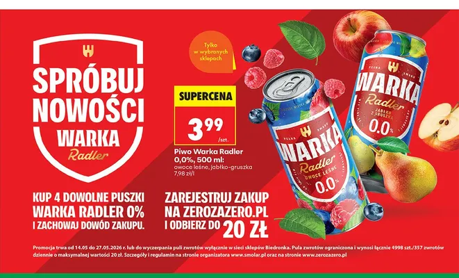 Piwo Warka Radler 0,0% promocja w Biedronka