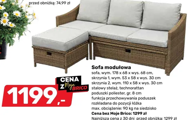 Sofa modułowa rattanowa 178x68x68cm promocja w Bricomarche