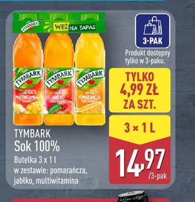 Sok w zestawie pomarańcza jabłko multiwitamina Tymbark 3-pak 100% promocja w Aldi