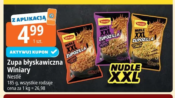 Zupa błyskawiczna Winiary Nudle XXL Zupozilla curry promocja w Leclerc