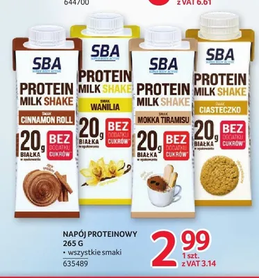 Napój proteinowy SBA Protein Milk Shake Wanilia Mlekovita promocja w Selgros