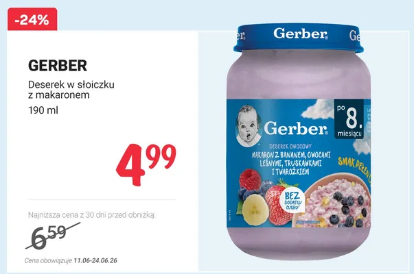 Deserek owocowy Gerber makaron z bananem owocami leśnymi truskawkami i twarożkiem po 8 miesiącu promocja w Rossmann