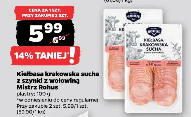 Kiełbasa krakowska sucha z szynki z wołowiną Mistrz Rohus plastry promocja w Netto