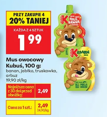 Mus owocowy Kubuś banan, jabłko, truskawka, arbuz promocja w Biedronka