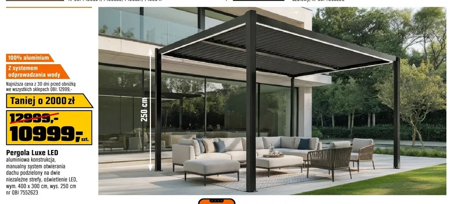 Pergola Luxe LED aluminiowa konstrukcja manualny system otwierania dachu podzielony na dwie niezależne strefy oświetlenie LED wym. 400x300cm wys. 250cm promocja w OBI