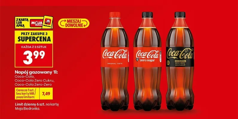 Napój gazowany Coca-Cola Zero Cukru Zero Kofeiny promocja w Biedronka