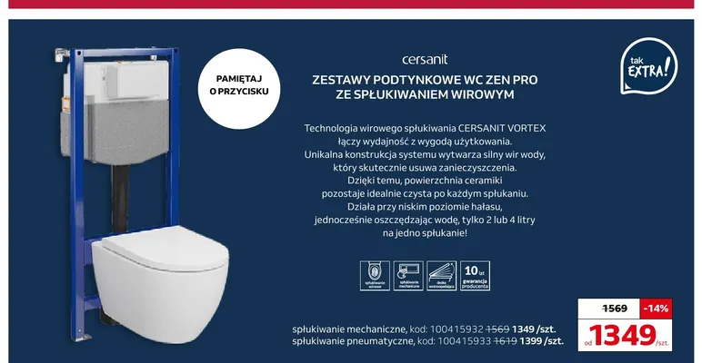 Zestaw podtynkowy Wc Zen Pro ze spłukiwaniem wirowym pneumatyczne Cersanit promocja w Komfort