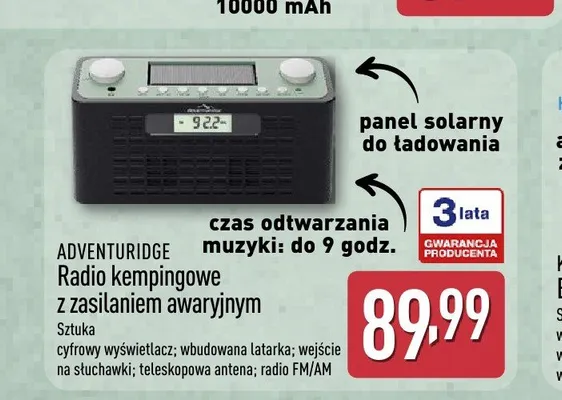 Radio kempingowe z zasilaniem awaryjnym ADVENTURIDGE promocja w Aldi