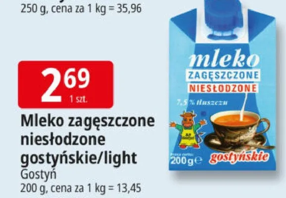 Mleko zagęszczone niesłodzone gostyńskie/light Gostyń promocja w Leclerc