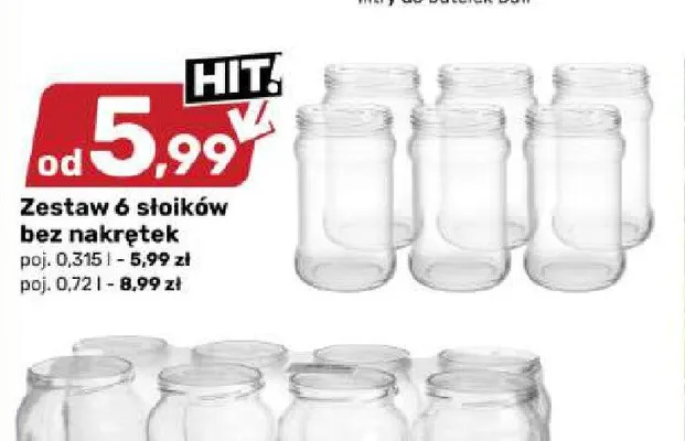 Zestaw 6 słoików bez nakrętek 0,315 l promocja w Bricomarche
