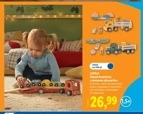 Pojazd drewniany z zestawem akcesoriów traktor Lupilu promocja w Lidl