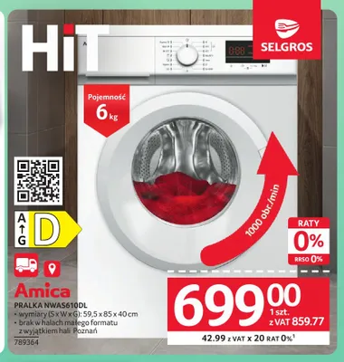 Pralka Amica NWAS610DL promocja w Selgros