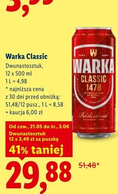 Piwo Warka Classic 12-pak 500ml promocja w Lidl