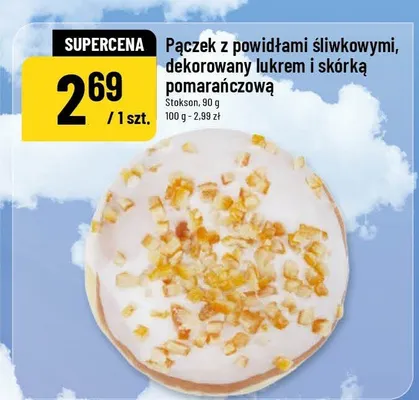 Pączek z powidłami śliwkowymi, dekorowany lukrem i skórką pomarańczową promocja w POLOmarket