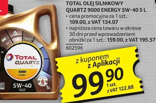 Olej silnikowy TOTAL OLEJ SILNIKOWY QUARTZ 9000 ENERGY 5W-40 5 L promocja w Selgros