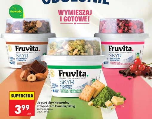 Jogurt skyr naturalny z topperem Fruvita porzeczka wiórki czekoladowe promocja w Biedronka