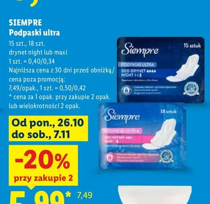 Podpaski ultra drynet maxi Siempre promocja w Lidl