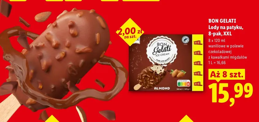 Lody na patyku waniliowe w polewie czekoladowej z kawałkami migdałów Almond Bon Gelati 8-pak XXL promocja w Lidl