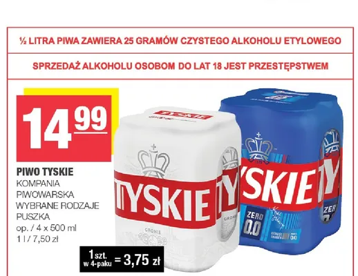 Piwo Tyskie Gronie 4-pak 500 ml promocja w SPAR
