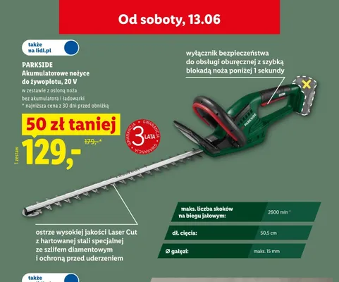 Akumulatorowe nożyce do żywopłotu PARKSIDE 20V promocja w Lidl
