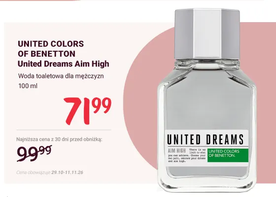 Woda toaletowa dla mężczyzn United Colors of Benetton United Dreams Aim High promocja w Rossmann