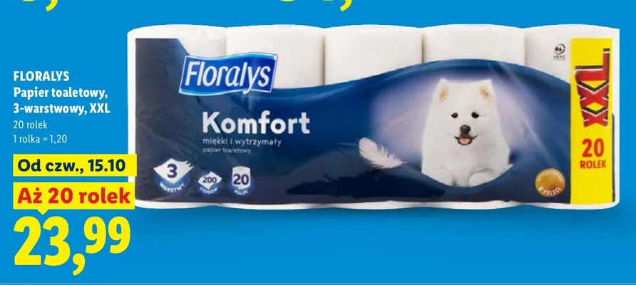 Papier toaletowy 3-warstwowy XXL 20-pak Floralys promocja w Lidl