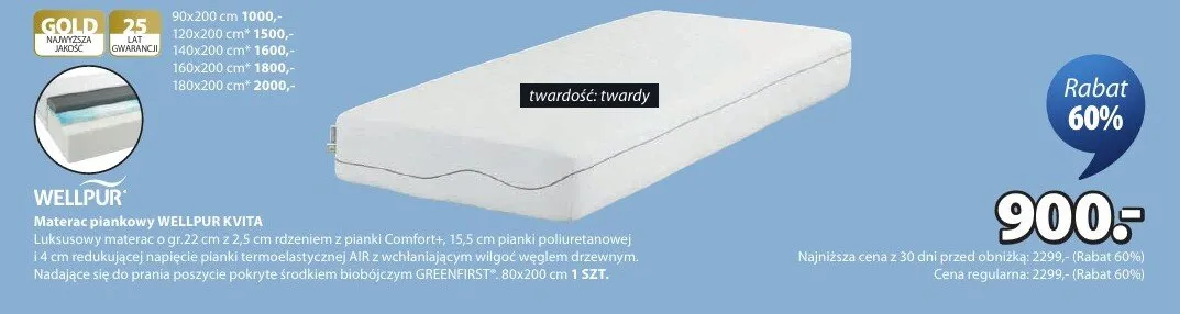 Materac piankowy Wellpur Kvita luksusowy o gr.22cm z 2,5cm rdzeniem z pianki Comforta, 15,5cm pianki poliuretanowej i 4cm relaksującej napięcie pianki termoelastycznej AIR 80x200cm promocja w Jysk