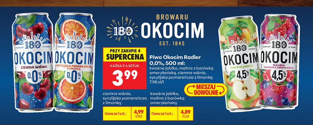 Piwo bezalkoholowe Okocim Radler ciemna wiśnia promocja w Biedronka