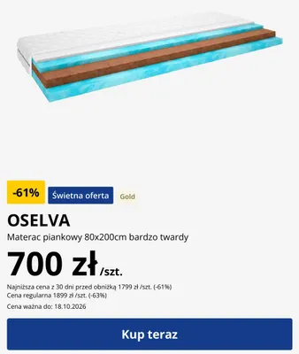 Materac piankowy Oselva 80x200 cm bardzo twardy promocja w Jysk