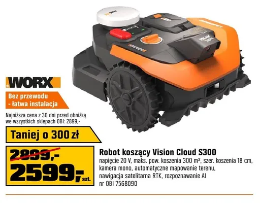 Robot koszący WORX Vision Cloud S300 napięcie 20V maks. pow. koszenia 300 m2 szer. koszenia 18cm kamera mono automatyczne mapowanie terenu nawigacja satelitarna RTK rozpoznawanie AI promocja w OBI