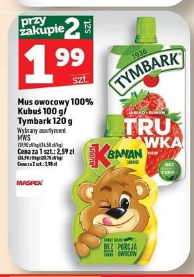 Mus owocowy 100% Kubuś / Tymbark promocja w TOPAZ